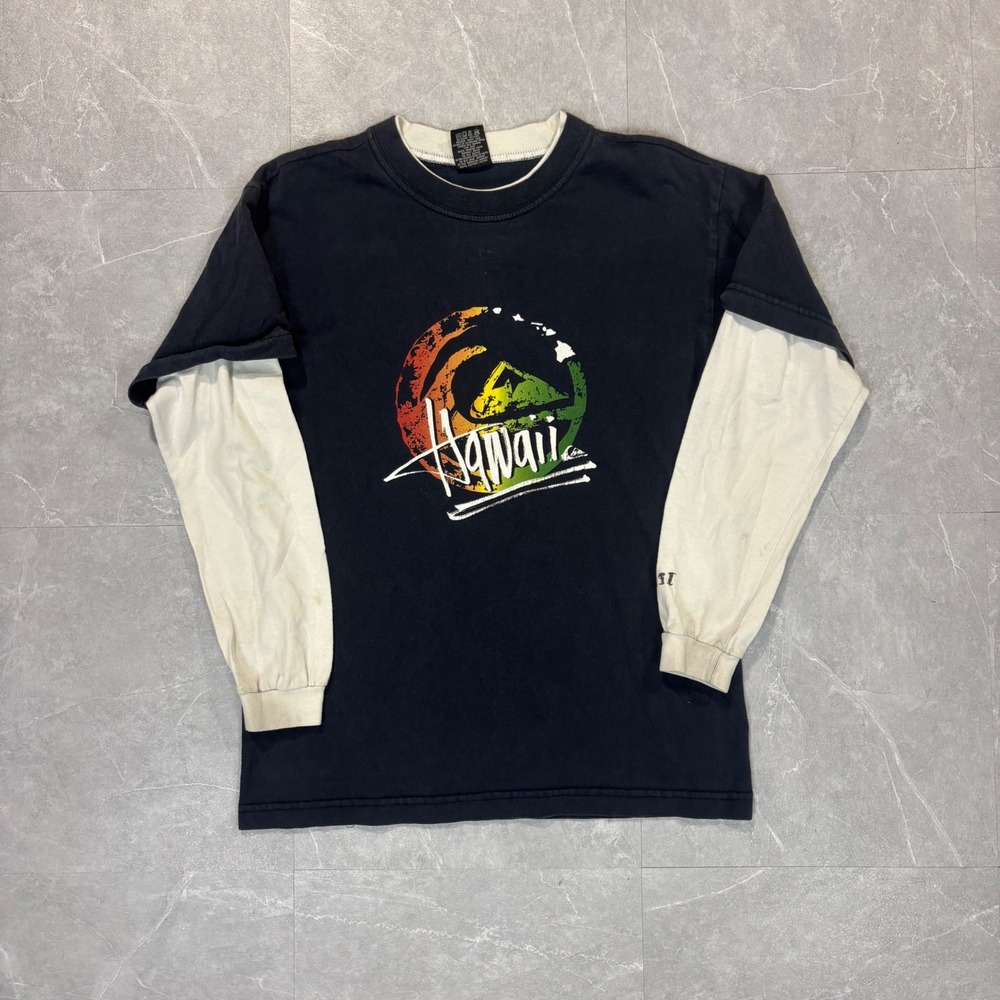 Quiksilver Hawaii Graphic Layered Long Sleeve Shirt Boys Medium Navy Blue Rasta